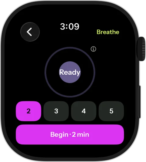 Velqiri Watch breathing screen: choose 2 to 5 minutes, then Begin