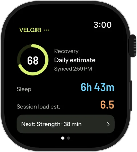 Velqiri on Apple Watch: recovery 68, sleep 6h 43m, session load estimate 6.5, and next up Strength for 38 minutes