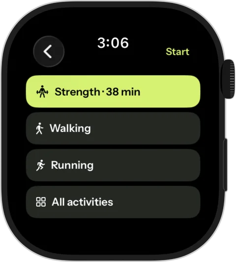 Velqiri Watch start screen: Strength 38 min, Walking, Running and All activities